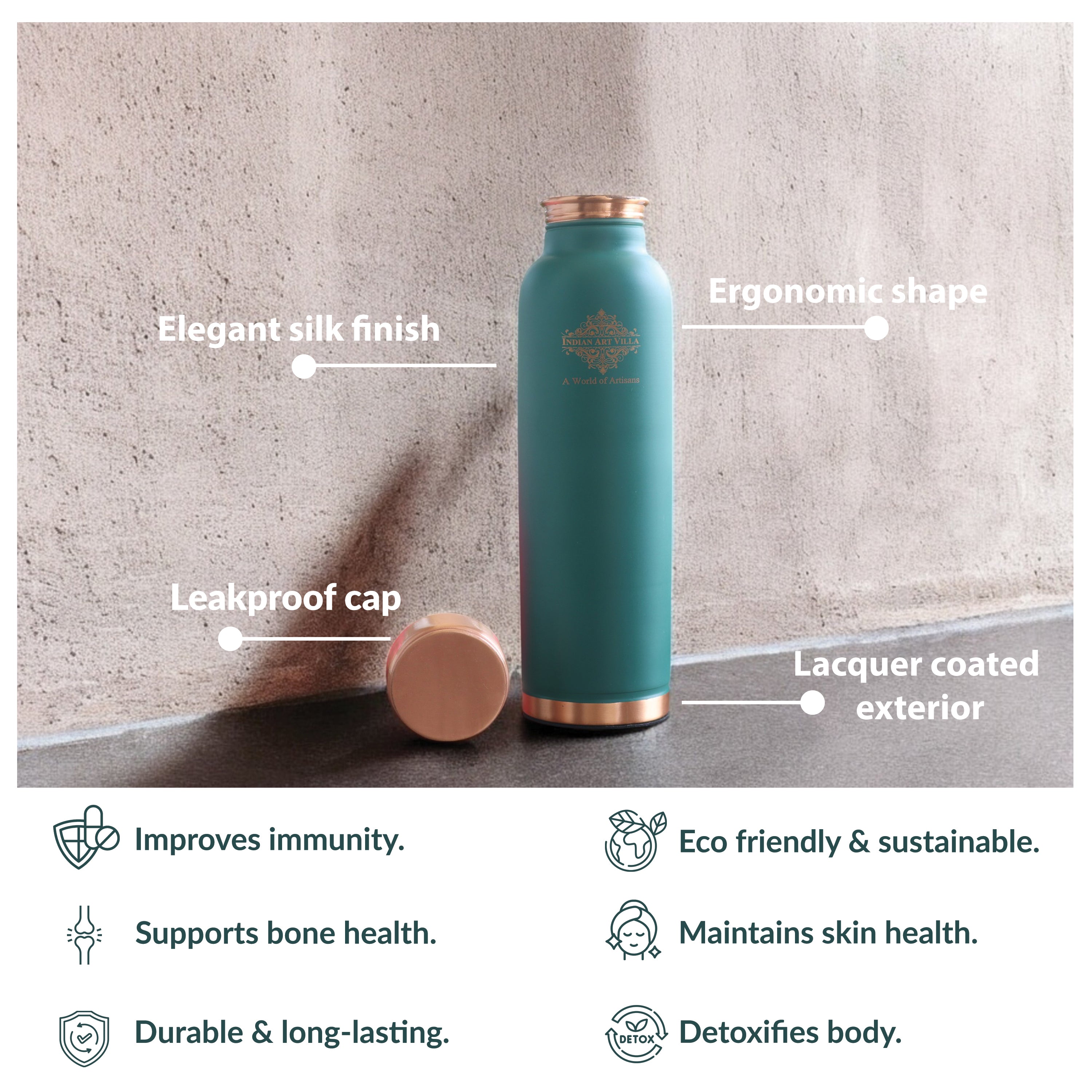 Pure Copper Water Bottle with Soft Matte Finish Color – 900 ML