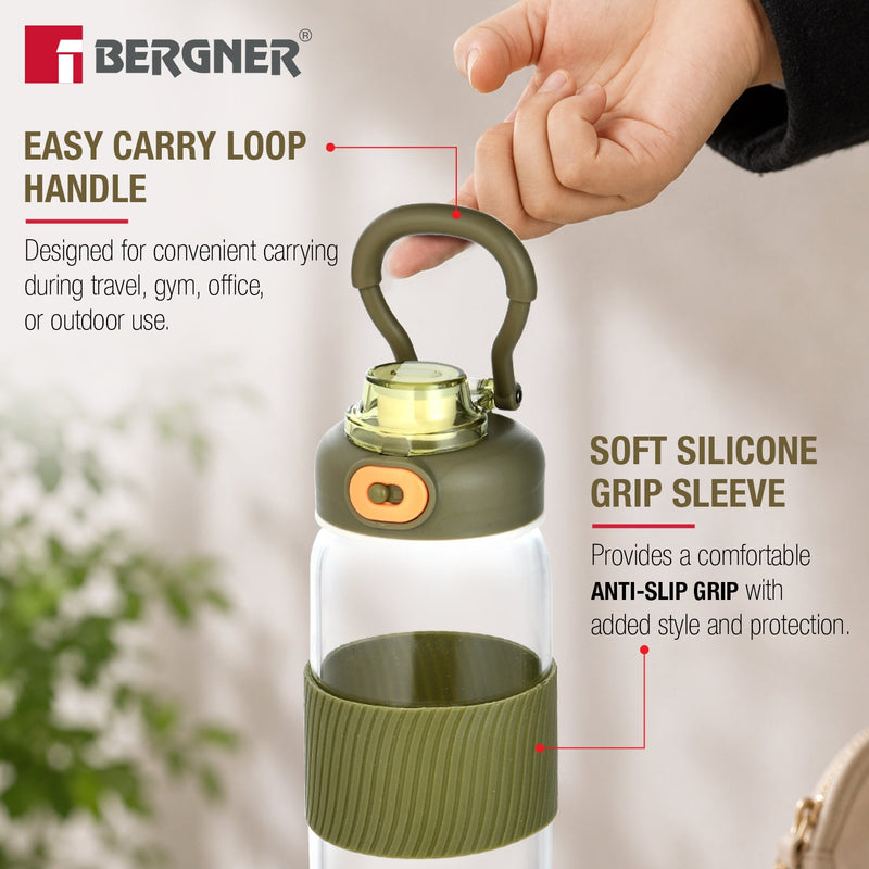 Bergner Borosilicate Glass Water Bottle (600ml), Leakproof