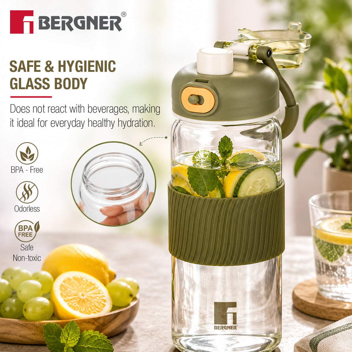 Bergner Borosilicate Glass Water Bottle (600ml), Leakproof