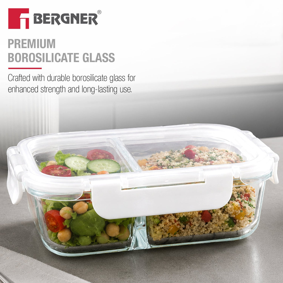 Bergner Borosilicate Glass Food Container/Lunch Box 580ml with two Compartment