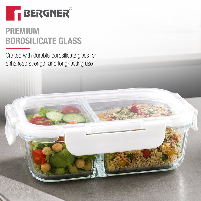 Bergner Borosilicate Glass Food Container/Lunch Box 580ml with two Compartment
