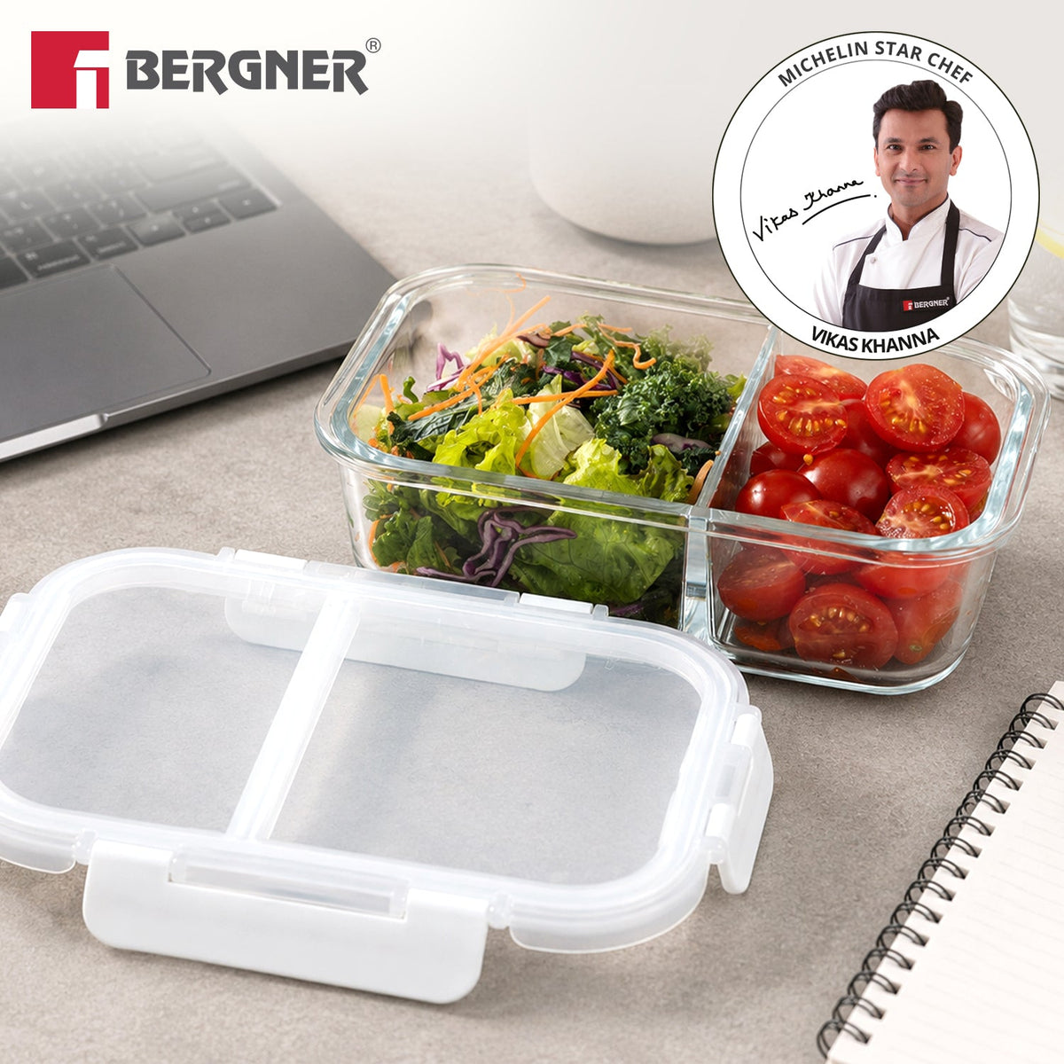 Bergner Borosilicate Glass Food Container/Lunch Box 980ml with two Compartment