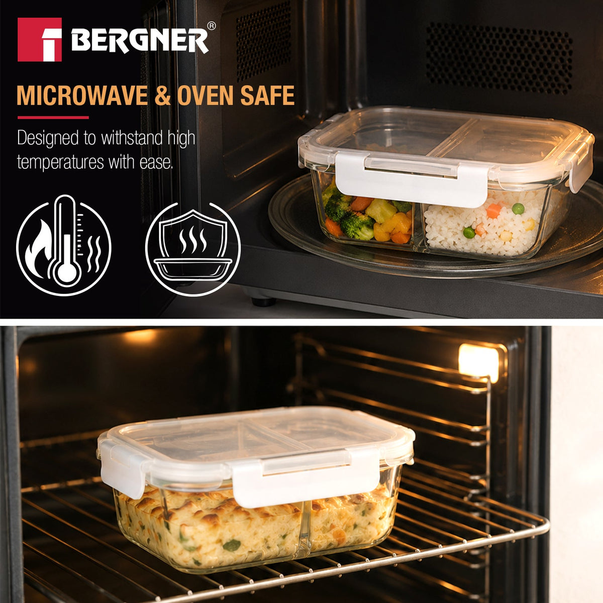 Bergner Borosilicate Glass Food Container/Lunch Box 980ml with two Compartment