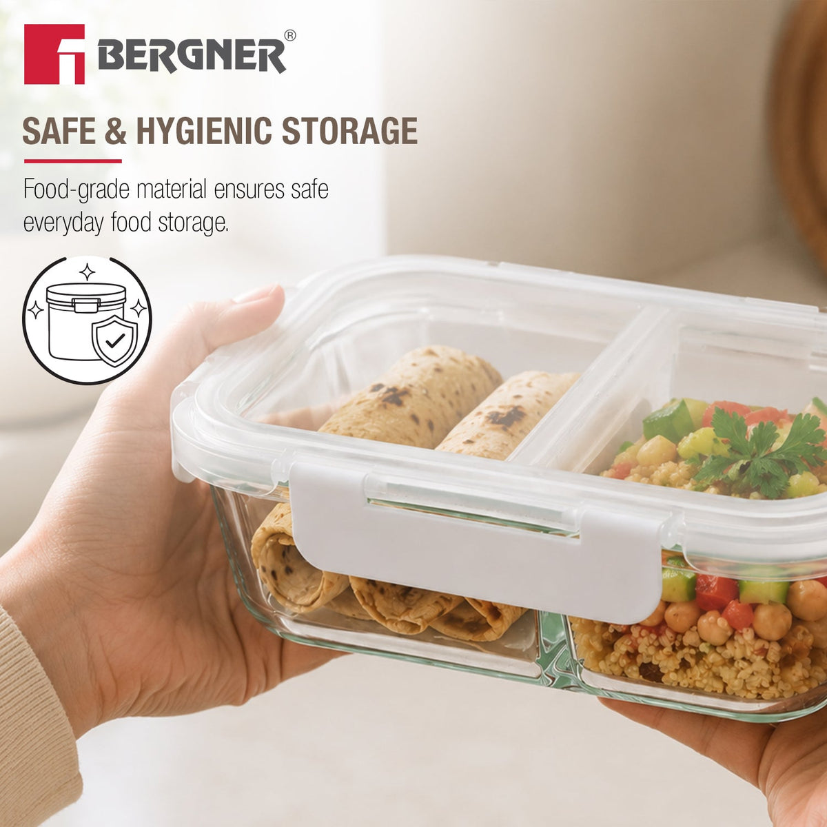Bergner Borosilicate Glass Food Container/Lunch Box 980ml with two Compartment