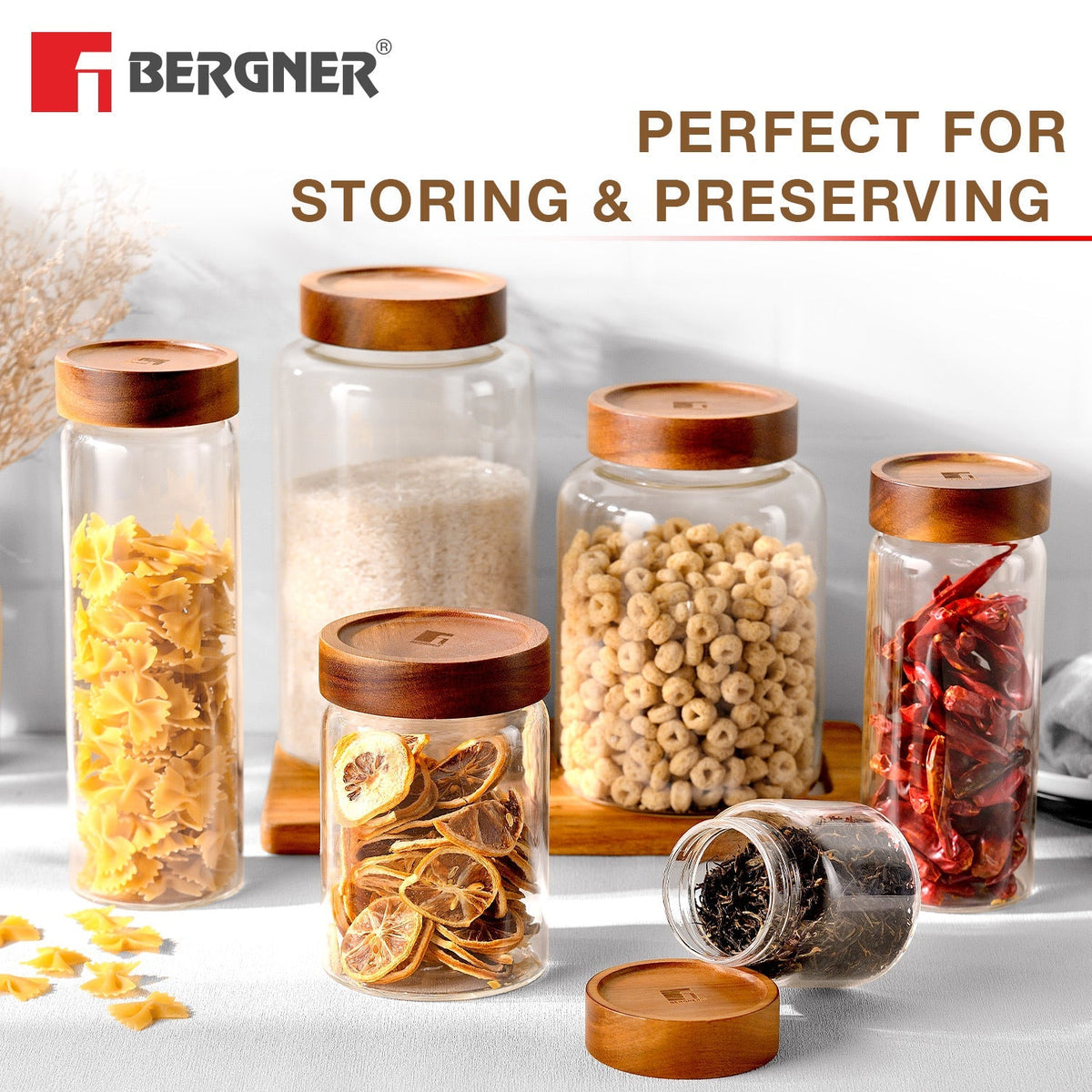 Bergner Acadia Borosilicate Glass Jar with Solid Wood Lid, Airtight Multipurpose Container for Kitchen