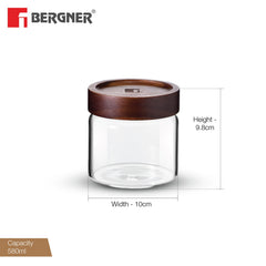Bergner Acadia Borosilicate Glass Jar with Solid Wood Lid, Airtight Multipurpose Container for Kitchen