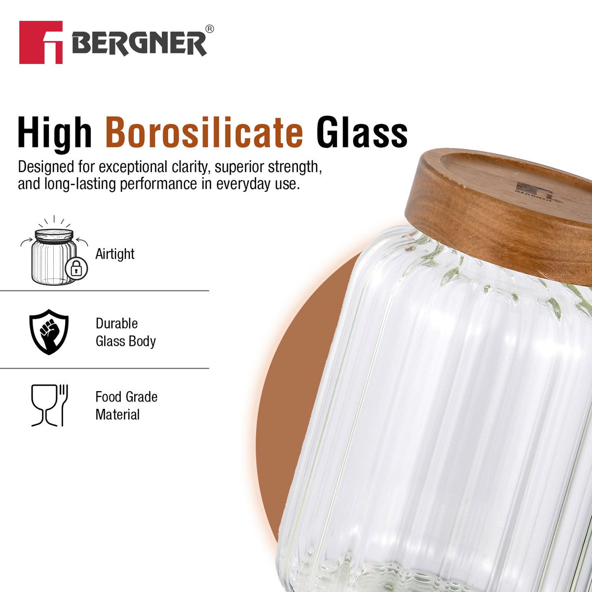 Bergner Acadia Borosiliate  Stripe Design Glass Jar (1300ml)
