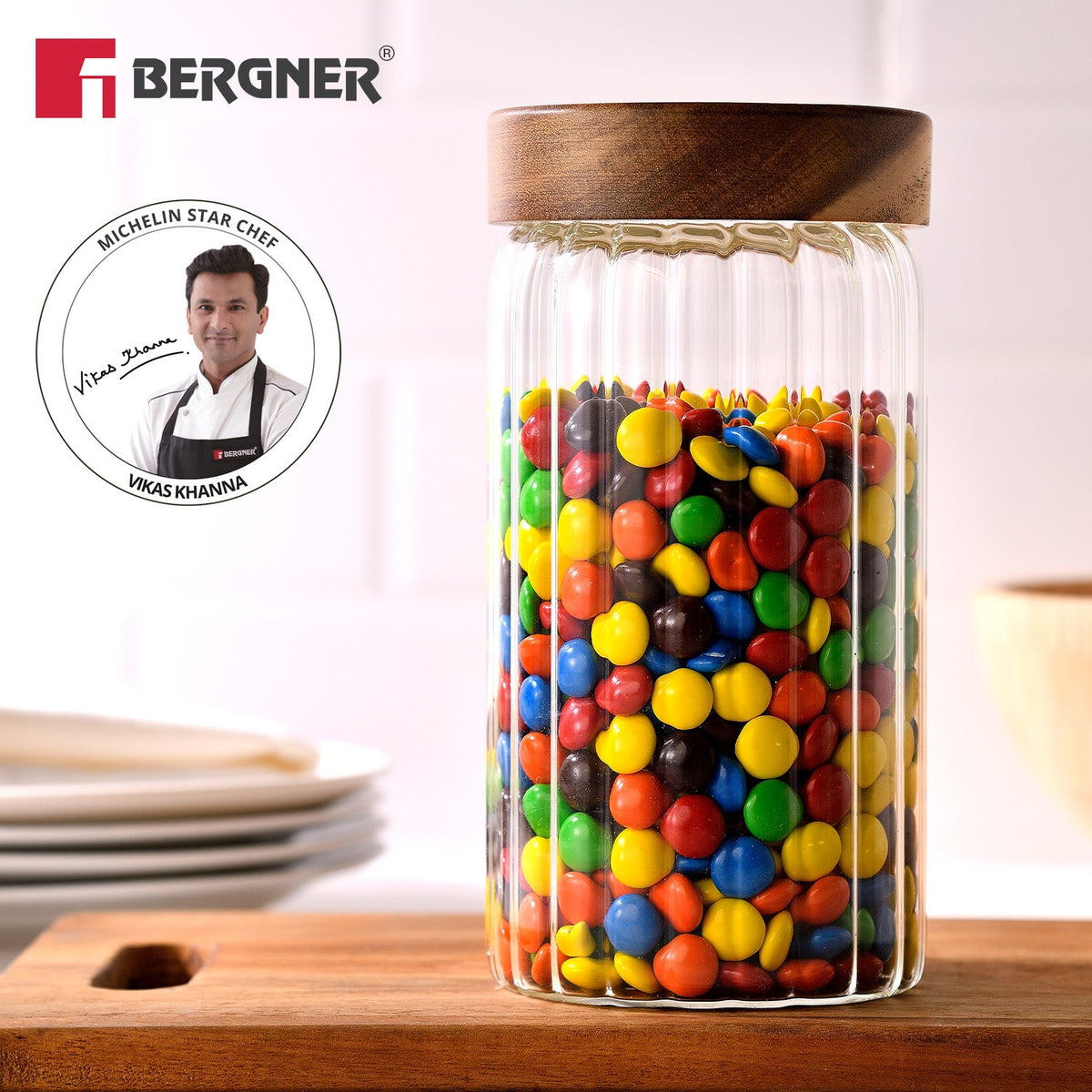 Bergner Acadia Borosiliate  Stripe Design Glass Jar (1250ml)