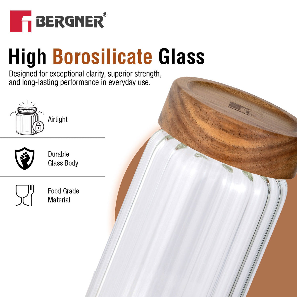 Bergner Acadia Borosiliate Stripe Design Glass Jar (550ml)
