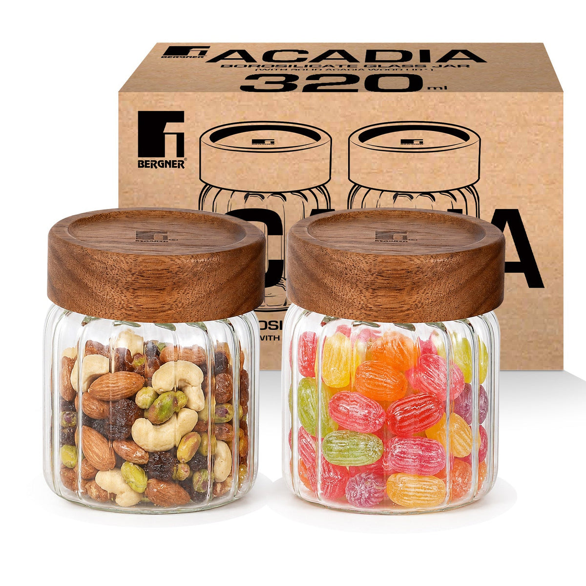 Bergner Acadia Borosiliate Stripe Design Glass Jar (320ml) - 2Pcs