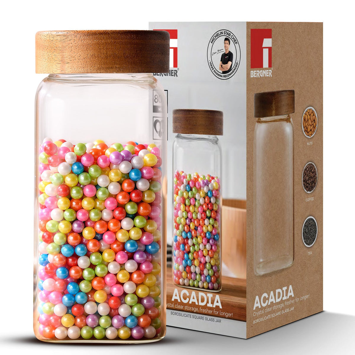 Bergner Acadia 800ml Square Borosilicate Glass Jar with Wooden Lid