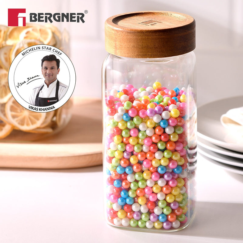 Bergner Acadia 800ml Square Borosilicate Glass Jar with Wooden Lid