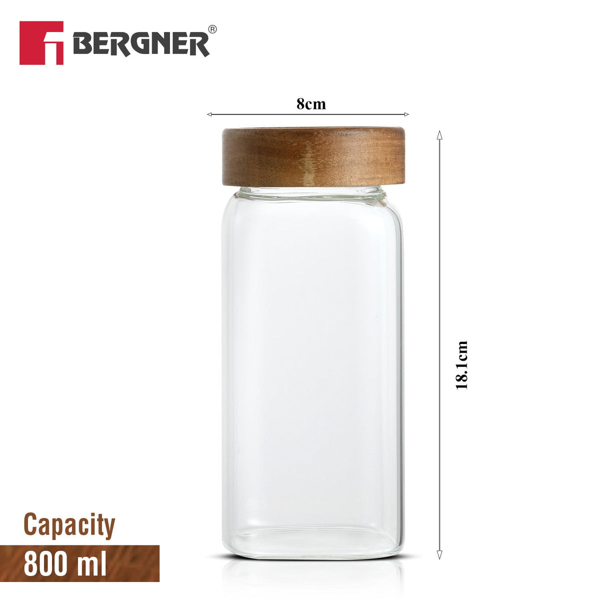 Bergner Acadia 800ml Square Borosilicate Glass Jar with Wooden Lid