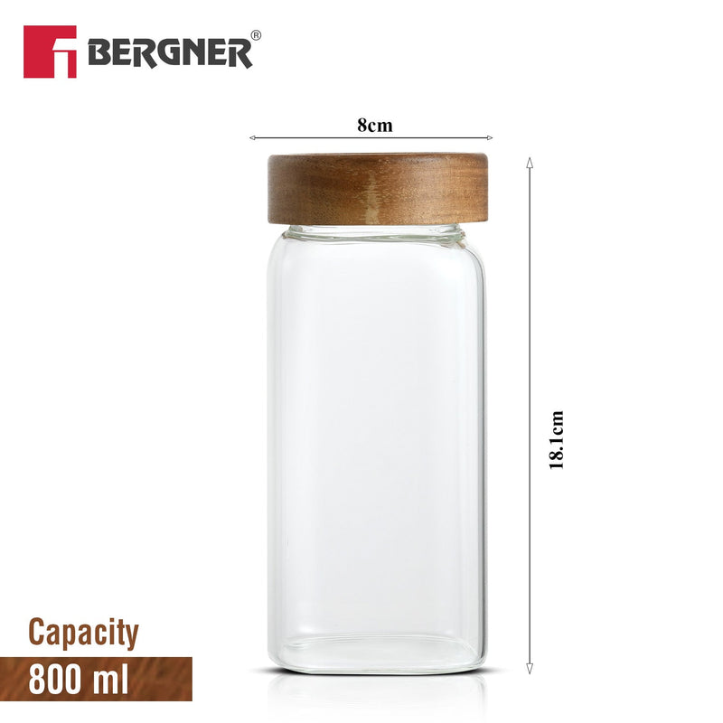 Bergner Acadia 800ml Square Borosilicate Glass Jar with Wooden Lid