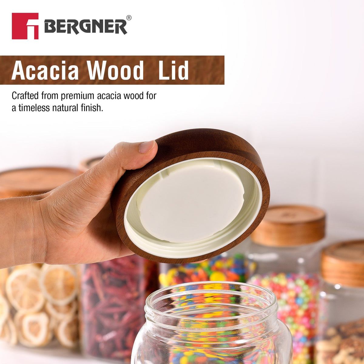 Bergner Acadia 800ml Square Borosilicate Glass Jar with Wooden Lid
