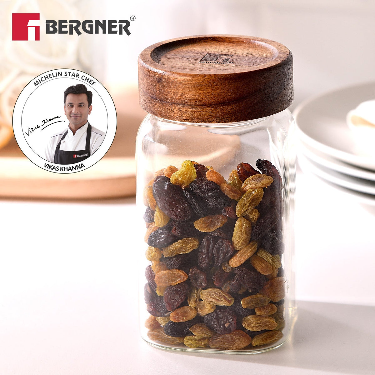 Bergner Acadia 600ml Square Borosilicate Glass Jar with Wooden Lid
