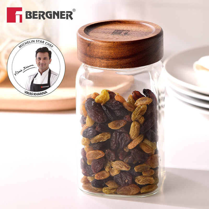 Bergner Acadia 600ml Square Borosilicate Glass Jar with Wooden Lid