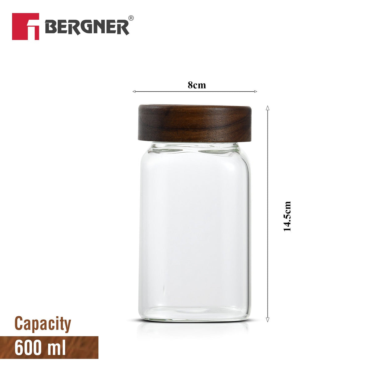 Bergner Acadia 600ml Square Borosilicate Glass Jar with Wooden Lid