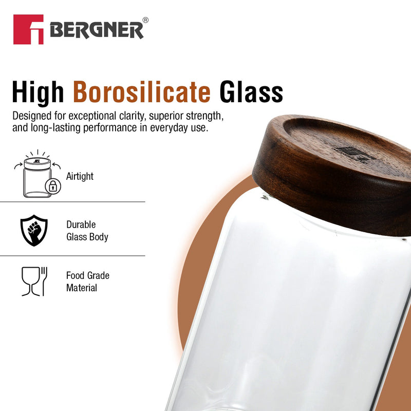 Bergner Acadia 600ml Square Borosilicate Glass Jar with Wooden Lid