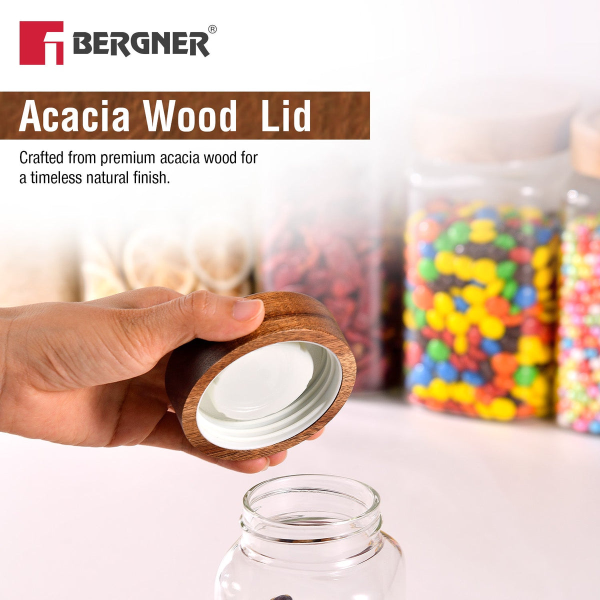 Bergner Acadia 600ml Square Borosilicate Glass Jar with Wooden Lid