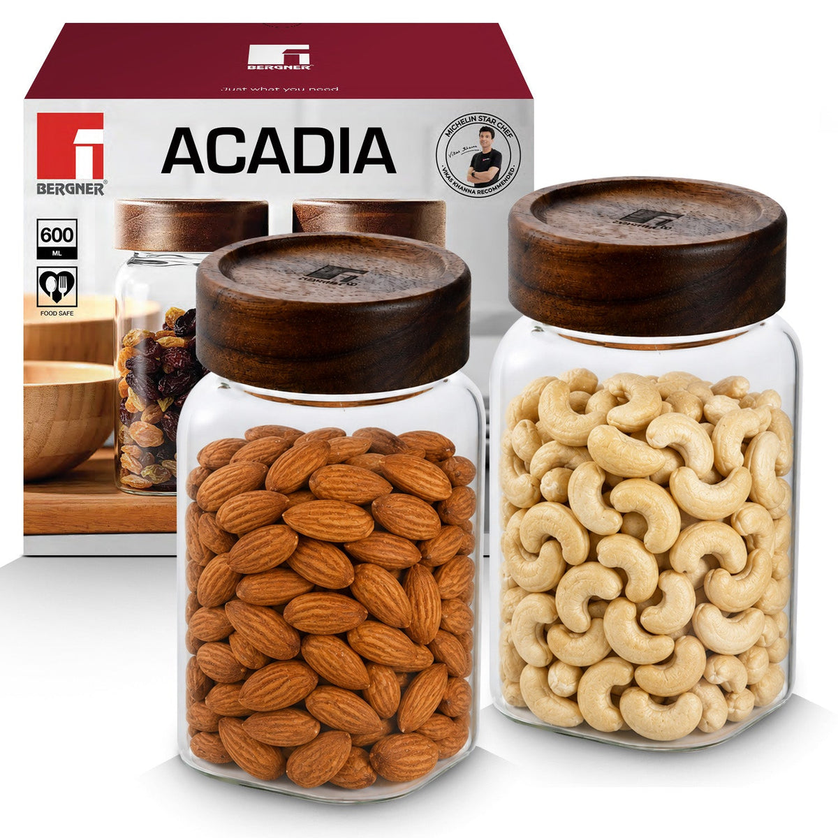 Bergner Acadia 2Pcs (600 ml each) Tall Square Borosilicate Glass Jar with Lid