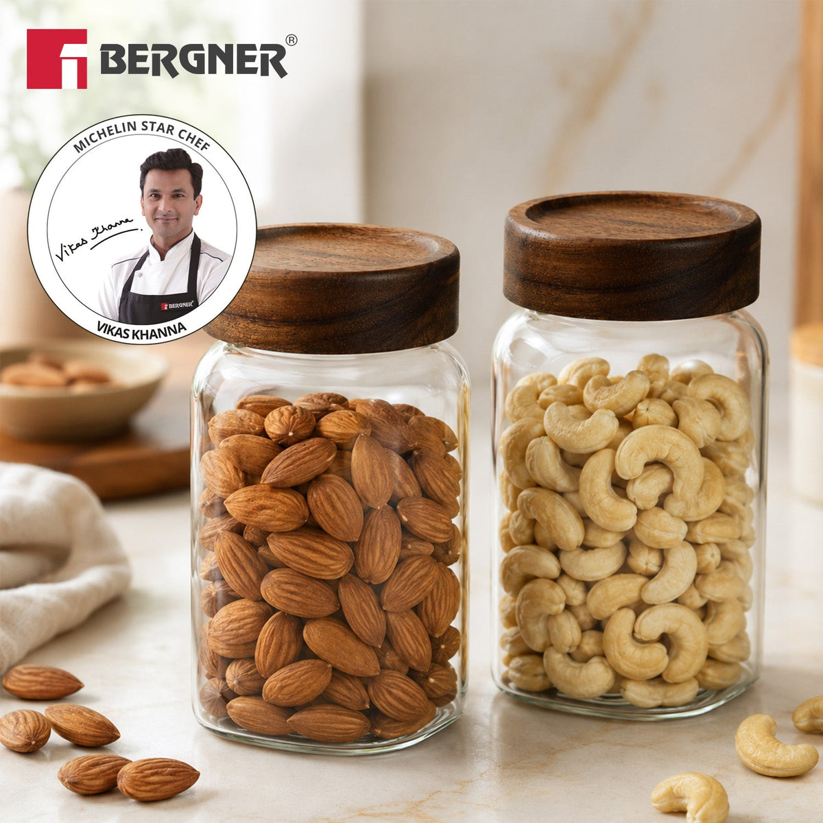 Bergner Acadia 2Pcs (600 ml each) Tall Square Borosilicate Glass Jar with Lid