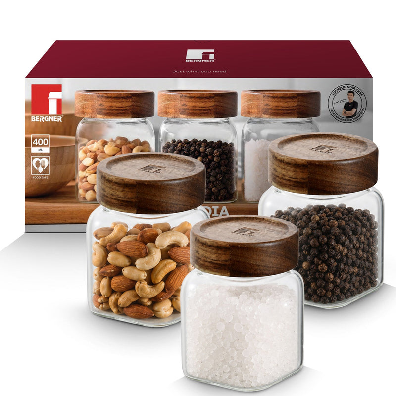 Bergner Acadia 3Pcs (400 ml each) Square Borosilicate Glass Jar with Lid