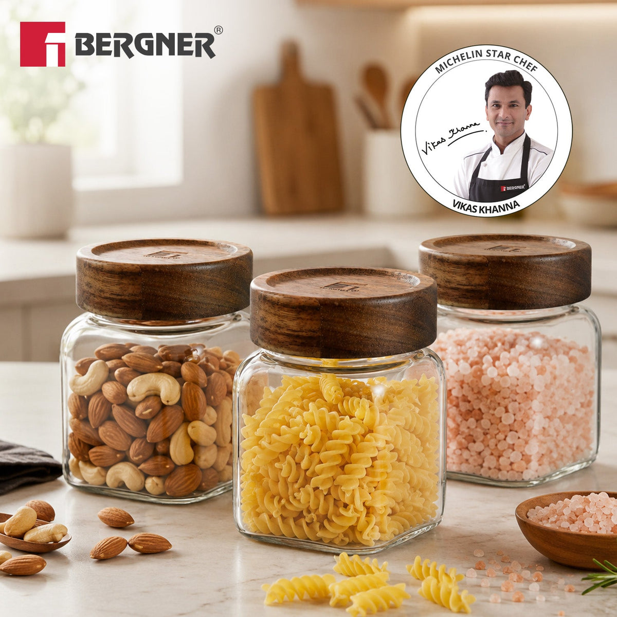 Bergner Acadia 3Pcs (400 ml each) Square Borosilicate Glass Jar with Lid