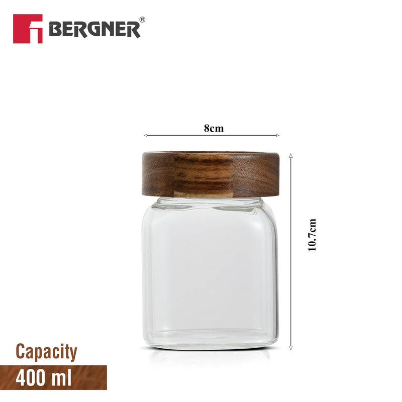 Bergner Acadia 3Pcs (400 ml each) Square Borosilicate Glass Jar with Lid