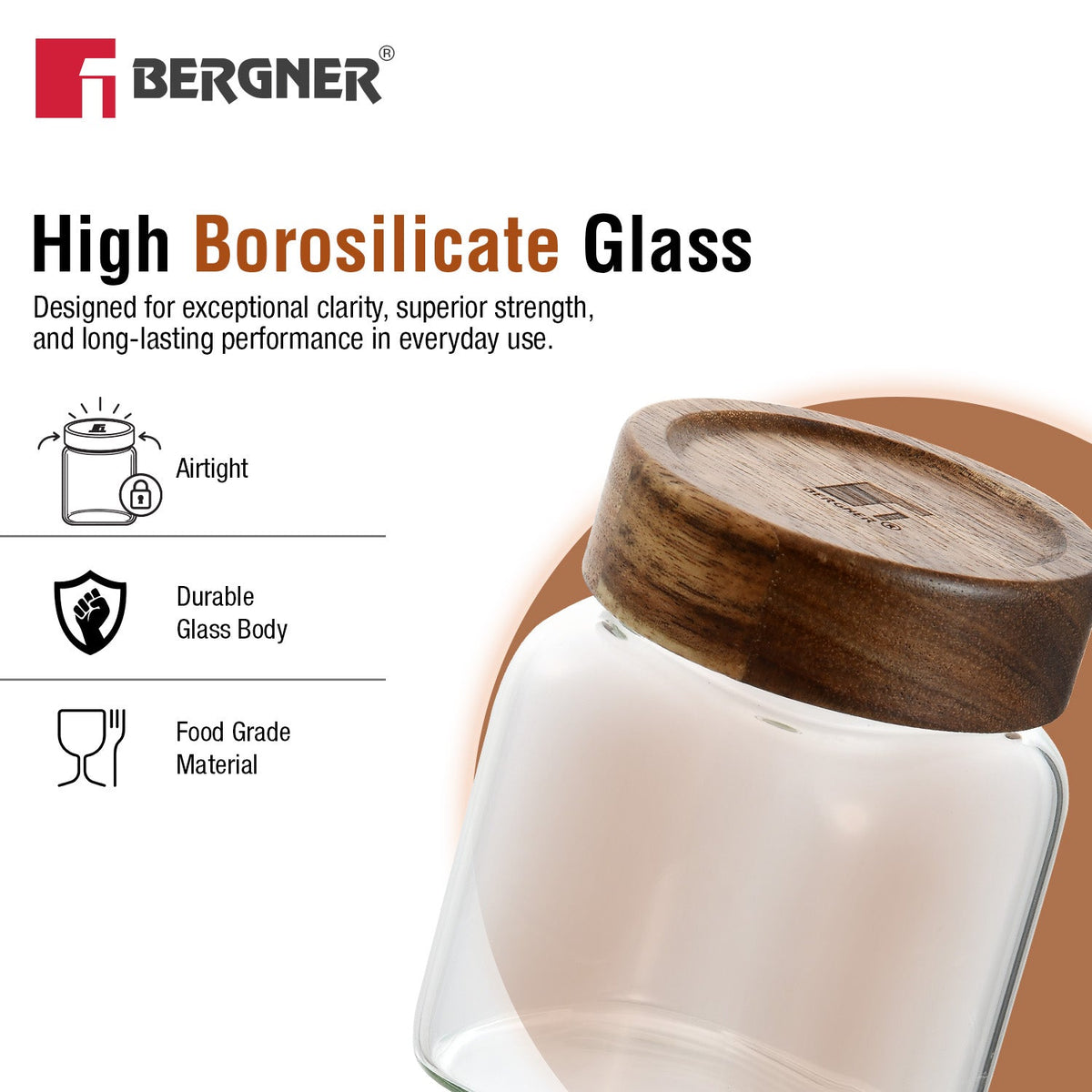 Bergner Acadia 3Pcs (400 ml each) Square Borosilicate Glass Jar with Lid