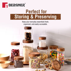 Bergner Acadia 3Pcs (400 ml each) Square Borosilicate Glass Jar with Lid