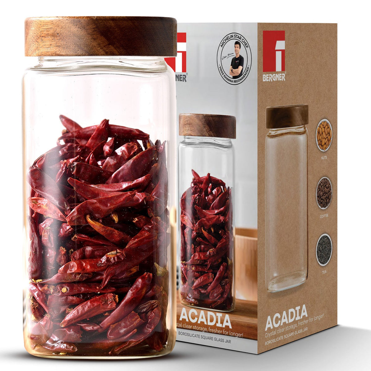 Bergner Acadia 1500ml Square Borosilicate Glass Jar with Wooden Lid