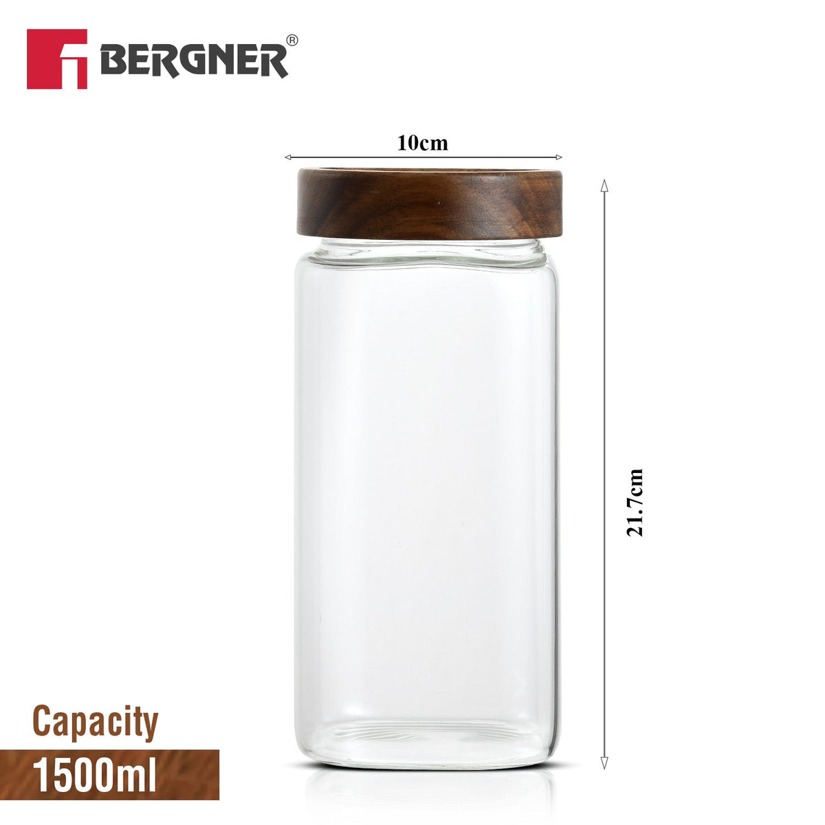 Bergner Acadia 1500ml Square Borosilicate Glass Jar with Wooden Lid