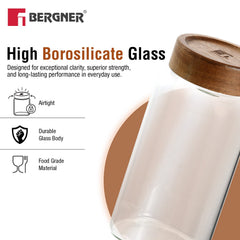 Bergner Acadia 1500ml Square Borosilicate Glass Jar with Wooden Lid