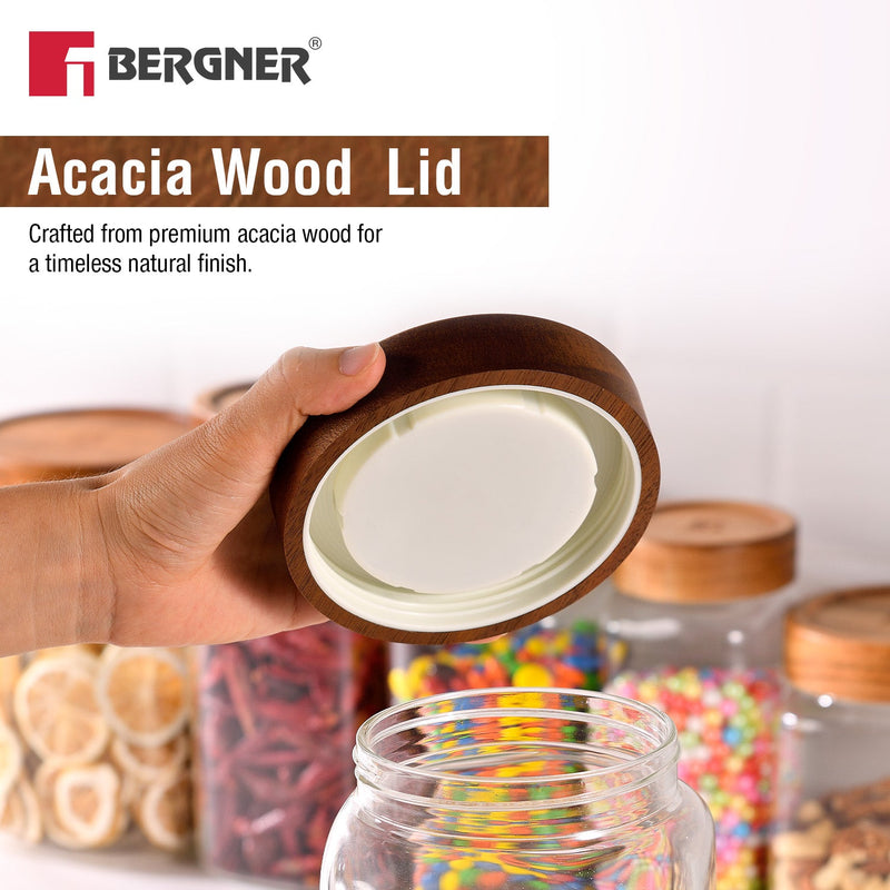Bergner Acadia 1500ml Square Borosilicate Glass Jar with Wooden Lid