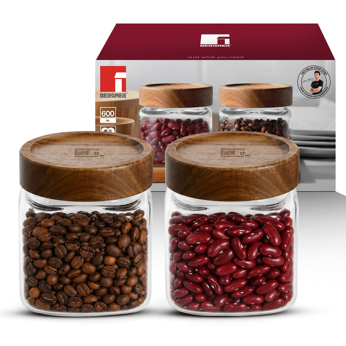 Bergner Acadia 2Pcs (600 ml each) Square Borosilicate Glass Jar with Lid