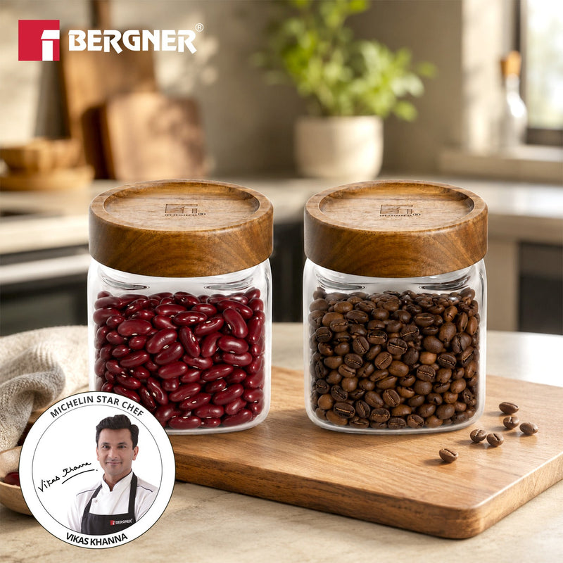 Bergner Acadia 2Pcs (600 ml each) Square Borosilicate Glass Jar with Lid