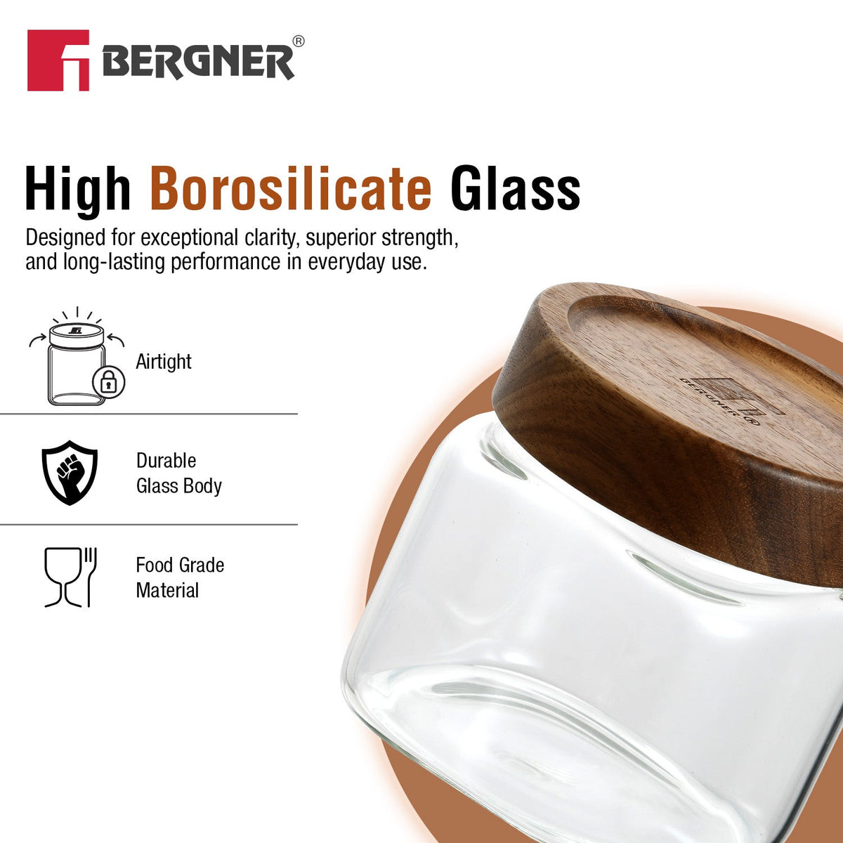 Bergner Acadia 2Pcs (600 ml each) Square Borosilicate Glass Jar with Lid