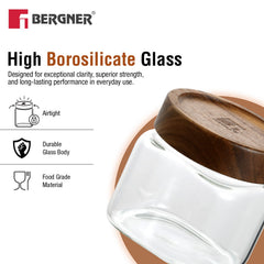 Bergner Acadia 2Pcs (600 ml each) Square Borosilicate Glass Jar with Lid
