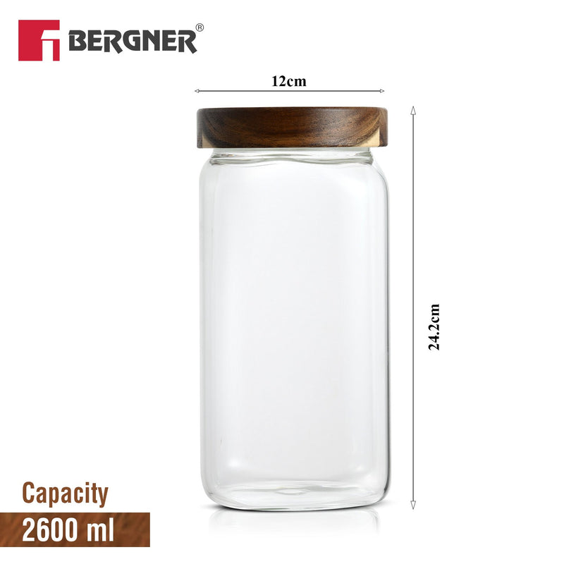 Bergner Acadia 2600ml Square Borosilicate Glass Jar with Wooden Lid
