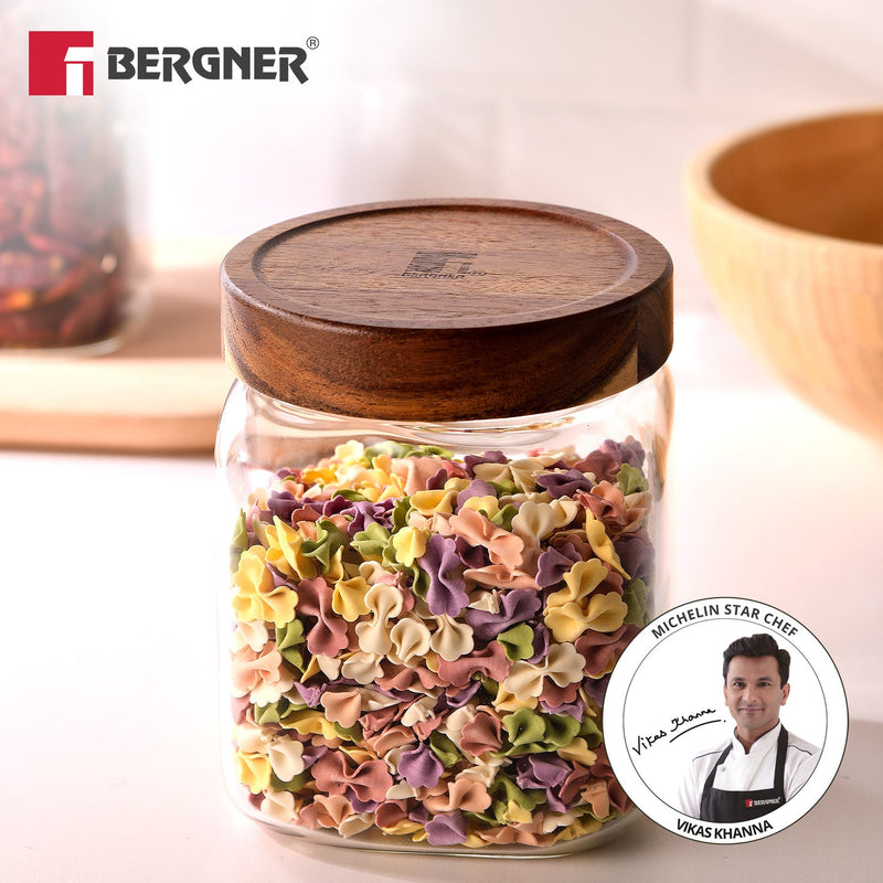 Bergner Acadia 1400ml Square Borosilicate Glass Jar with Wooden Lid