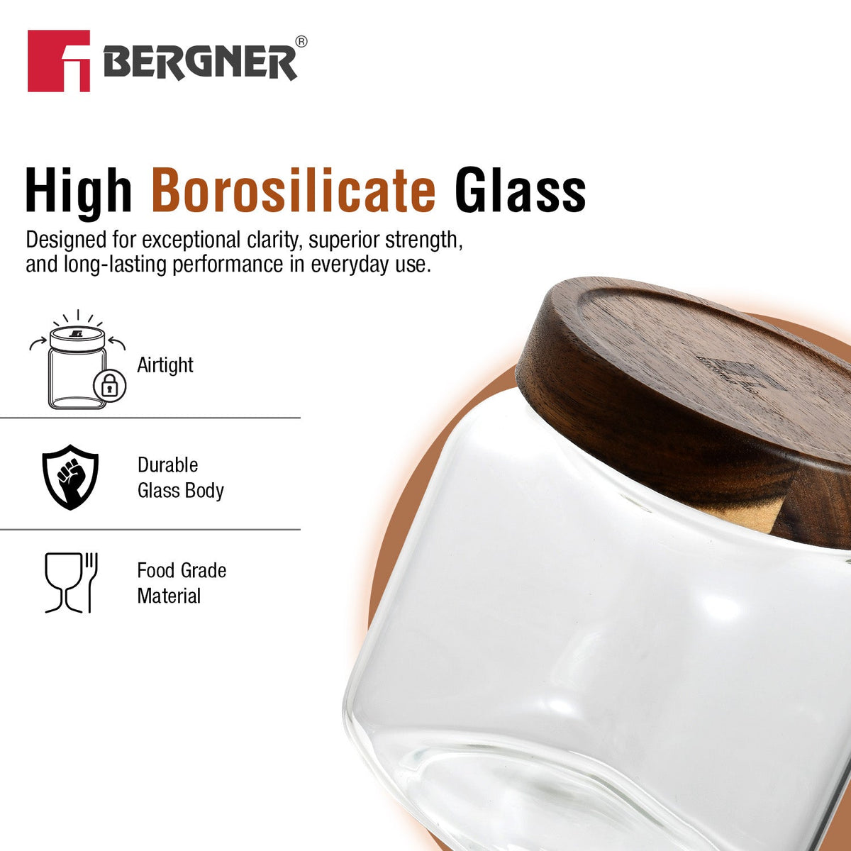 Bergner Acadia 1400ml Square Borosilicate Glass Jar with Wooden Lid