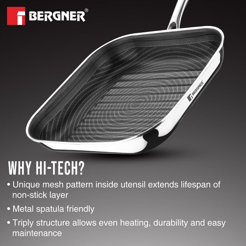 Bergner Hi-Tech Giro Tri-Ply Stainless Steel Non-Stick 24cm Grill Pan - Induction Bottom