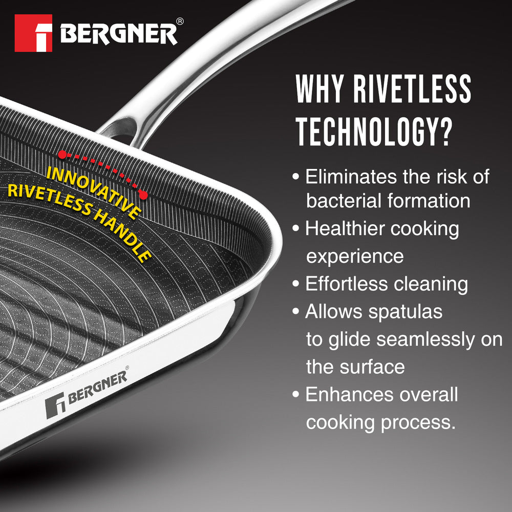 Bergner Hi-Tech Giro Tri-Ply Stainless Steel Non-Stick 24cm Grill Pan - Induction Bottom