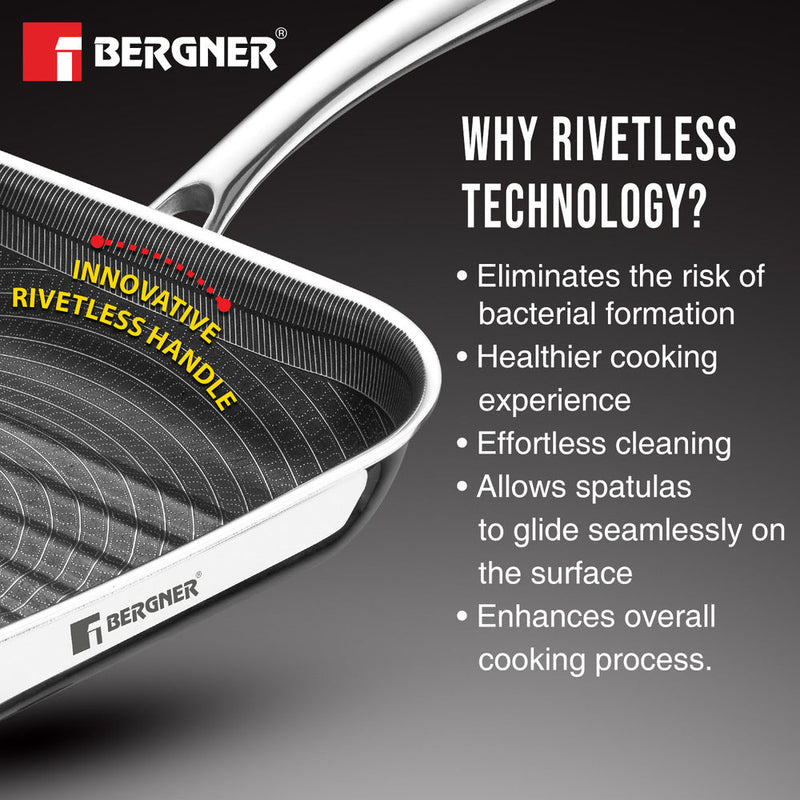 Bergner Hi-Tech Giro Tri-Ply Stainless Steel Non-Stick 24cm Grill Pan - Induction Bottom