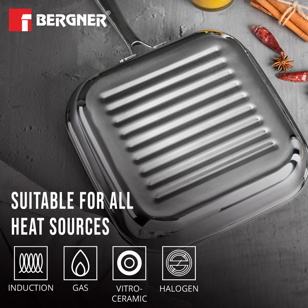 Bergner Hi-Tech Giro Tri-Ply Stainless Steel Non-Stick 24cm Grill Pan - Induction Bottom
