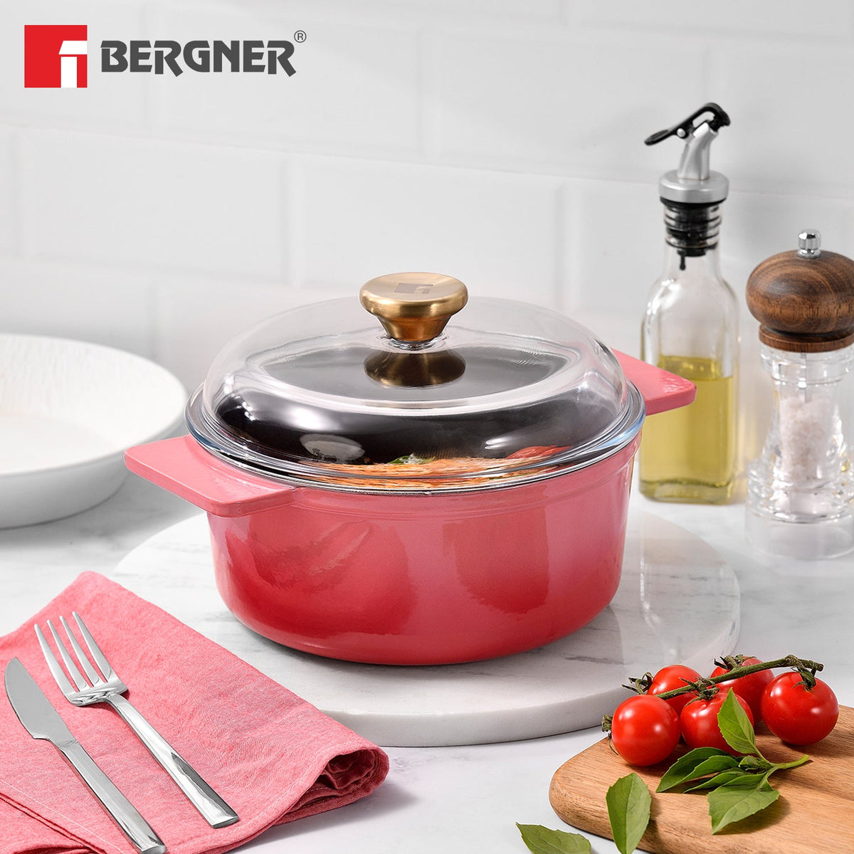 Bergner Excalibur Light Cast Iron Casserole with Lid 16cm (1.2L) - Pink