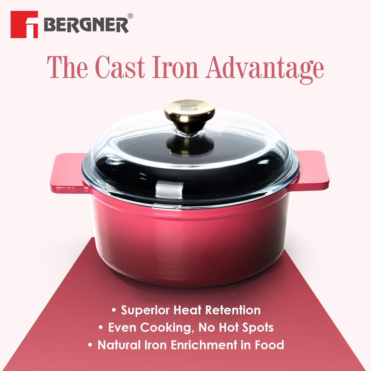 Bergner Excalibur Light Cast Iron Casserole with Lid 20cm (2.3L) - Pink