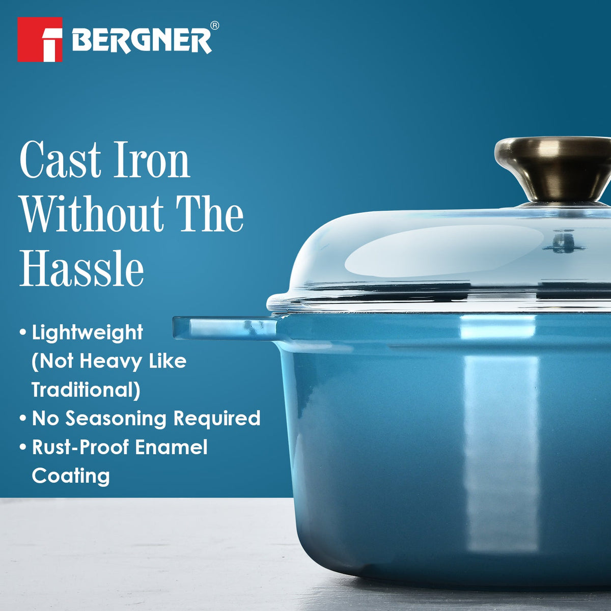 Bergner Excalibur Light Cast Iron Casserole with Lid 24cm (4L) - Blue