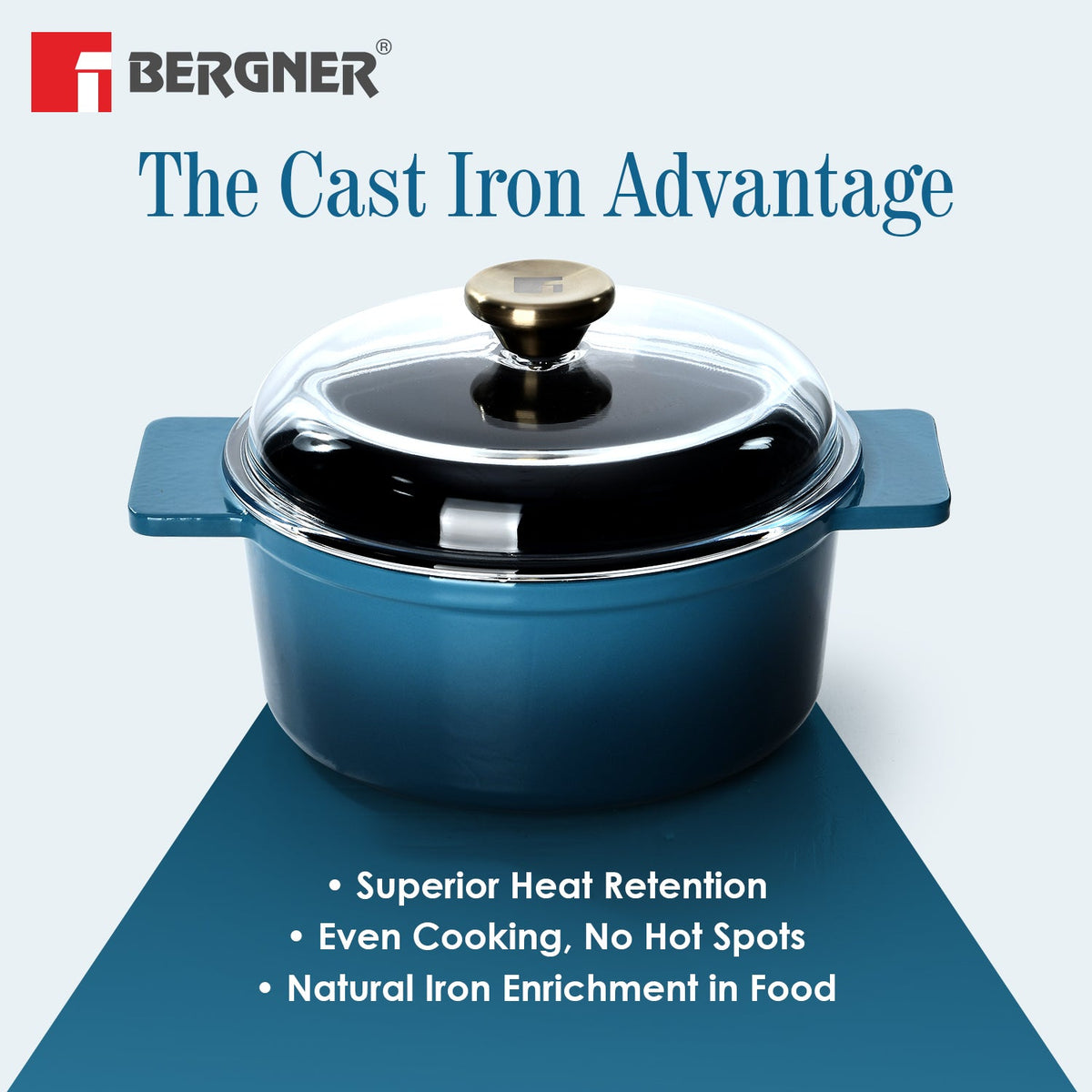Bergner Excalibur Light Cast Iron Casserole with Lid 24cm (4L) - Blue